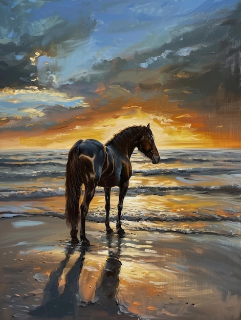 Foto ein detailliertes gemälde eines pferdes vor einem atemberaubenden sonnenuntergang, das die schönheit der dämmerung einfängt