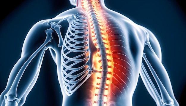 Ein detailliertes Röntgenbild der Lendenregion, das eine Scheibendegeneration und -herniation zeigt