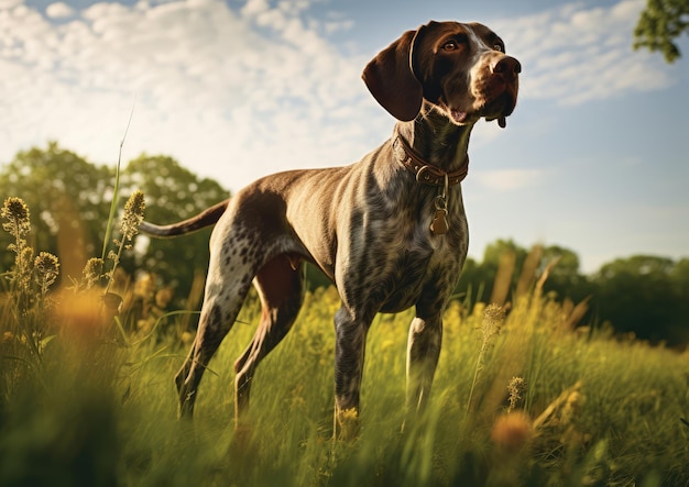 Ein Deutscher Kurzhaarhund bereitet sich auf ein Apportierspiel auf einer üppig grünen Wiese vor