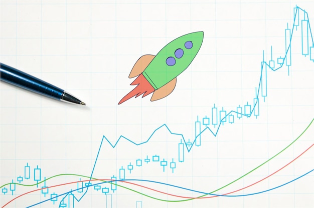 Ein Diagramm mit einer gezogenen Rakete, die nach oben fliegt, das Konzept des Gewinnpreiswachstums