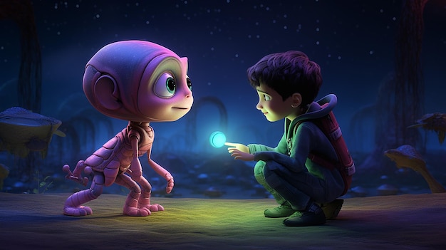 Foto ein dialog zwischen einem neugierigen menschenkind und einem freundlichen außerirdischen wesen