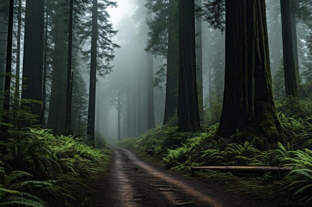 Ein dichter Nebel rollt durch einen Redwood-Wald
