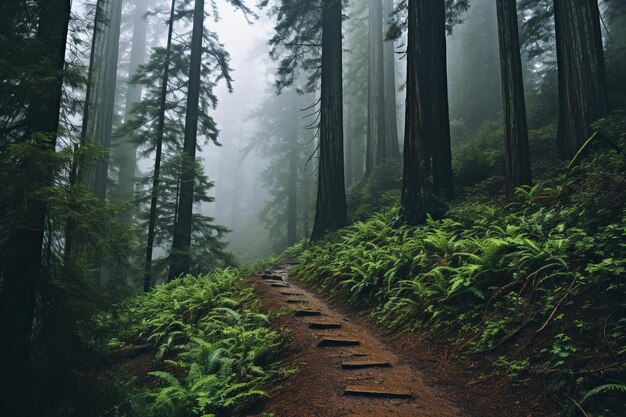 Ein dichter Nebel rollt durch einen Redwood-Wald