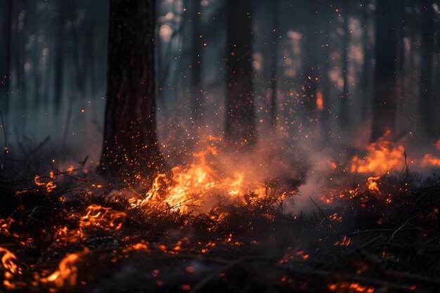 Ein dichter Wald, der von Feuer und Rauch umgeben ist