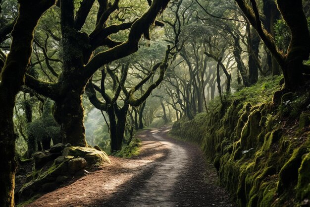 Ein dichter Wald mit einem kurvenreichen Weg durch die Bäume