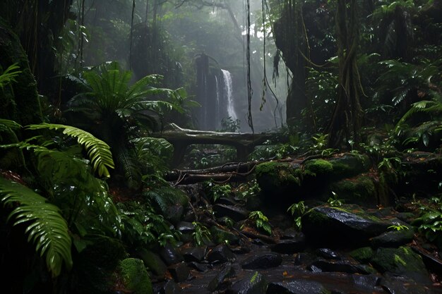 Ein dichter Wald mit Wasserfällen und grünen Bäumen