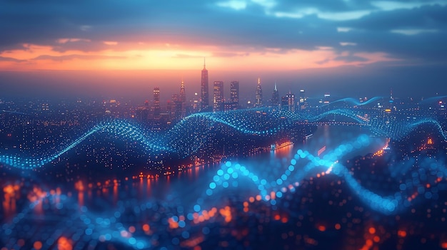 Ein digitaler blauer Wellendraht mit Antennen wird in diesem Konzept von intelligenten Städten und Big Data gegen den Hintergrund einer nächtlichen Megapolis-Stadt skyline platziert