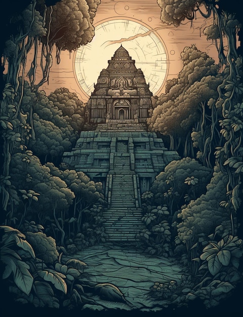 Ein digitaler Kunstdruck eines Tempels im Dschungel