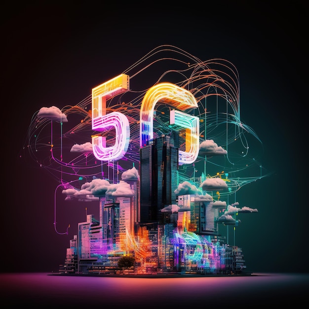 Ein digitales Bild eines 5g-Schildes mit einer Stadt im Hintergrund.