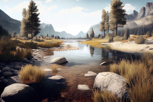 Ein digitales Bild eines Flusses mit Bergen im Hintergrund