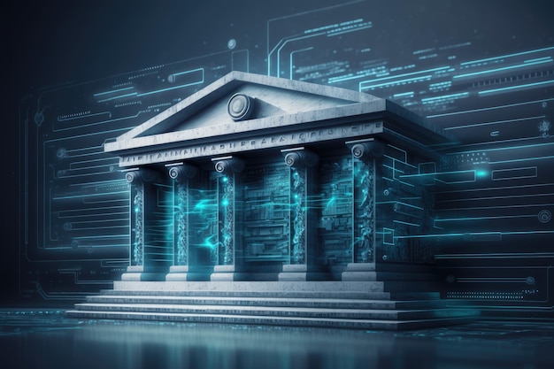 Ein digitales Bild eines Gebäudes mit Säulen und den Worten Bank darauf.