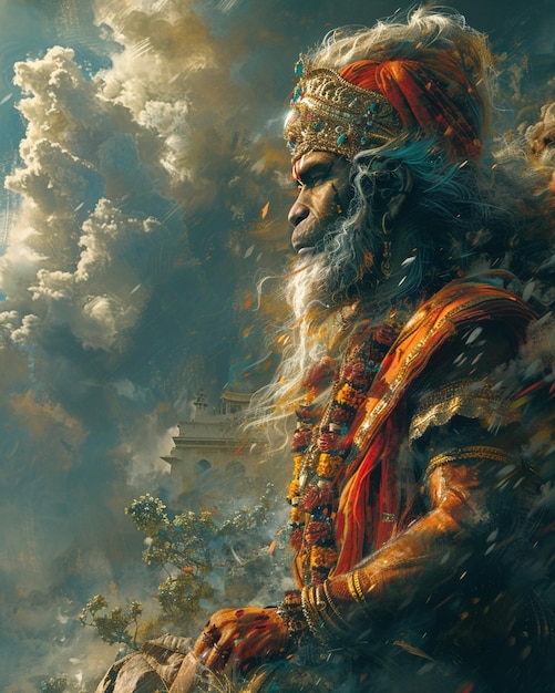 Ein digitales Gemälde, das eine mystische Vision von Hanuman aufzeigt, während er sich mit der kosmischen Form des Herrn verschmilzt
