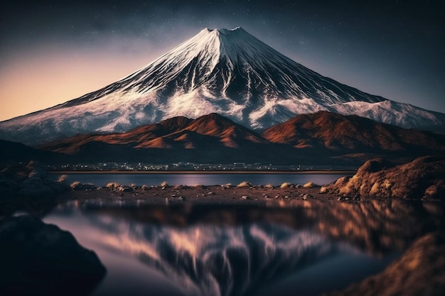 Ein digitales Gemälde des Berges Fuji mit Schnee an der Spitze