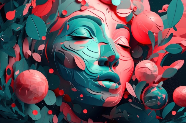 Ein digitales Gemälde des Gesichts einer Frau mit Blumen darauf.