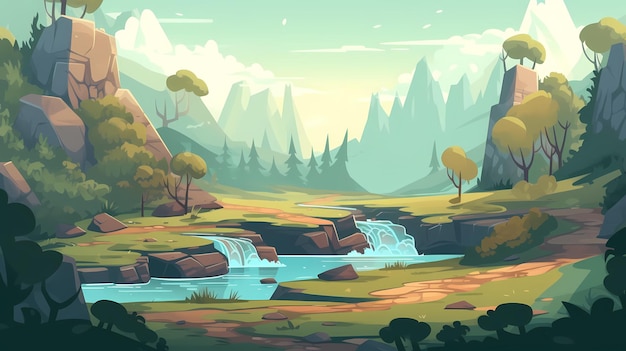 Ein digitales Gemälde einer Berglandschaft mit Wasserfall und Bäumen.