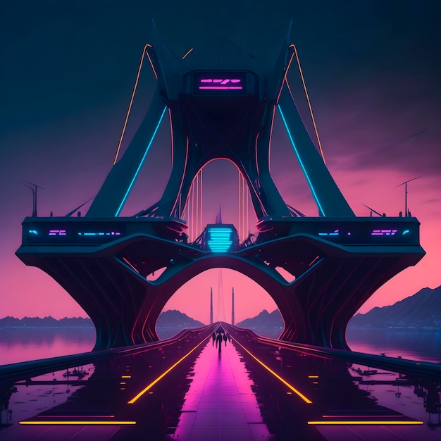 Ein digitales Gemälde einer Brücke mit einer violetten und rosafarbenen Leuchtreklame mit der Aufschrift „Die Brücke“.