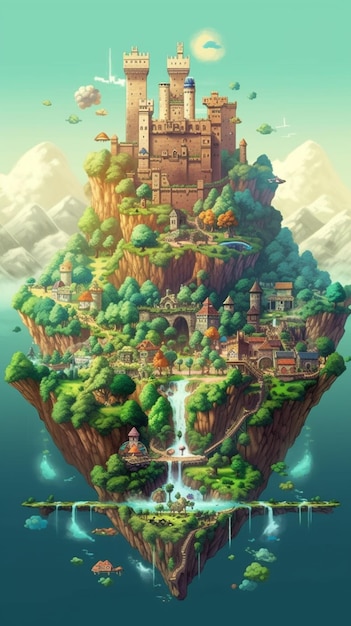 Ein digitales Gemälde einer Burg auf einer schwimmenden Insel mit generativer KI eines Wasserfalls