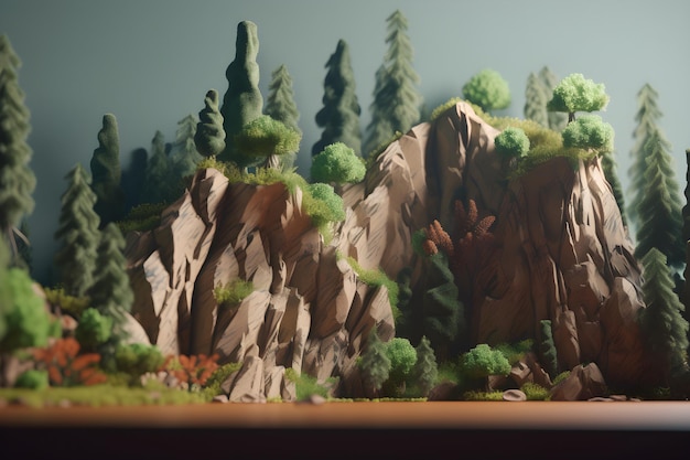 Ein digitales Gemälde einer felsigen Landschaft mit Bäumen und Felsen.