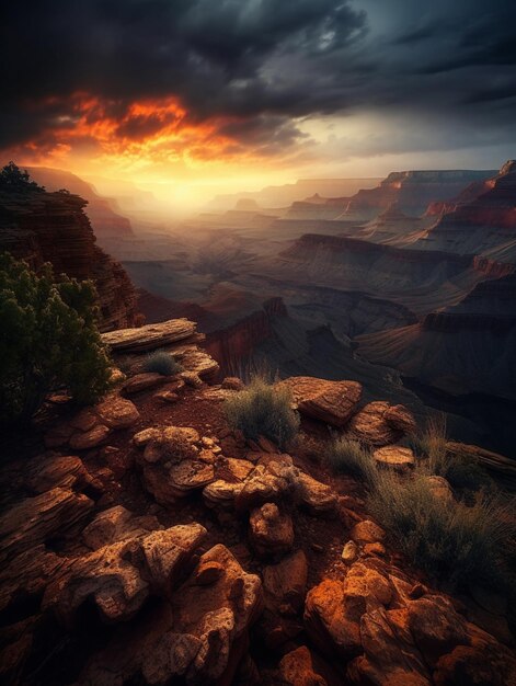 Ein digitales Gemälde einer felsigen Landschaft mit einem Sonnenuntergang im Hintergrund.