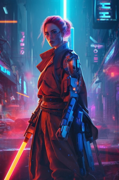 Ein digitales Gemälde einer Frau im Cyberpunk-Stil