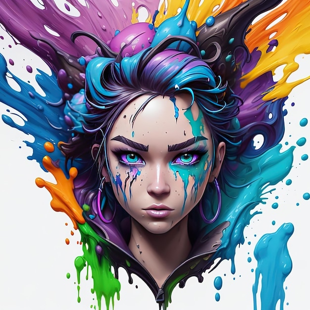 Ein digitales Gemälde einer Frau mit bunten Haaren und dem Wort „Regenbogen“ auf der Vorderseite.