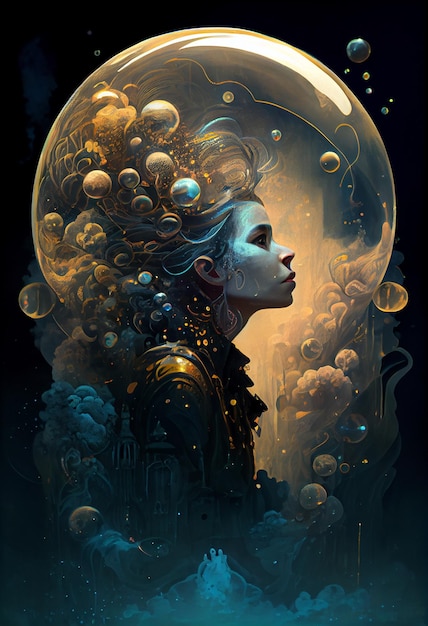 Ein digitales Gemälde einer Frau mit einer Blase im Haar.