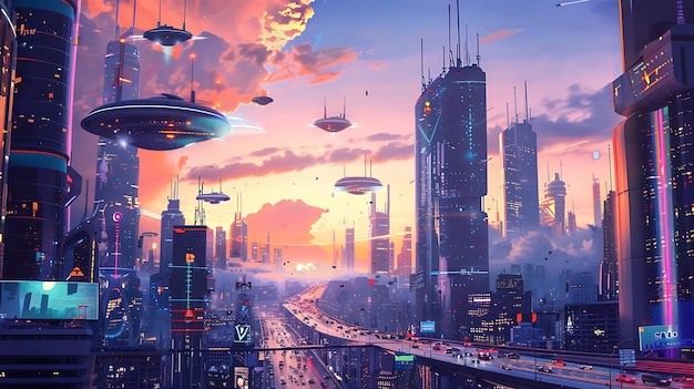 Ein digitales Gemälde einer futuristischen Stadt Die Stadt ist voll von hohen Wolkenkratzern und fliegenden Autos Der Himmel ist einer leuchtend orangefarbenen Farbe