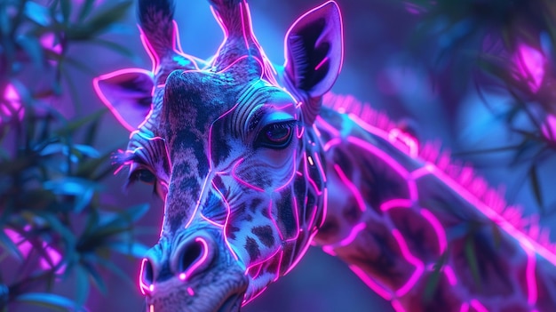 Ein digitales Gemälde einer Giraffe mit leuchtend lila Neonkonturen
