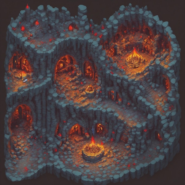 Ein digitales Gemälde einer Höhle mit einem Feuer an der Spitze.