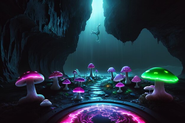Ein digitales Gemälde einer Höhle mit Pilzen und einer in der Luft schwebenden Person.