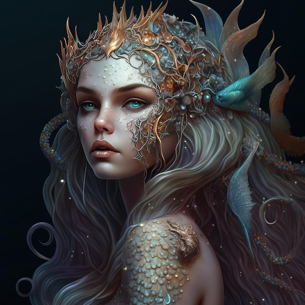 Ein digitales Gemälde einer Meerjungfrau mit goldenen und blauen Augen und einem Fischkopf.