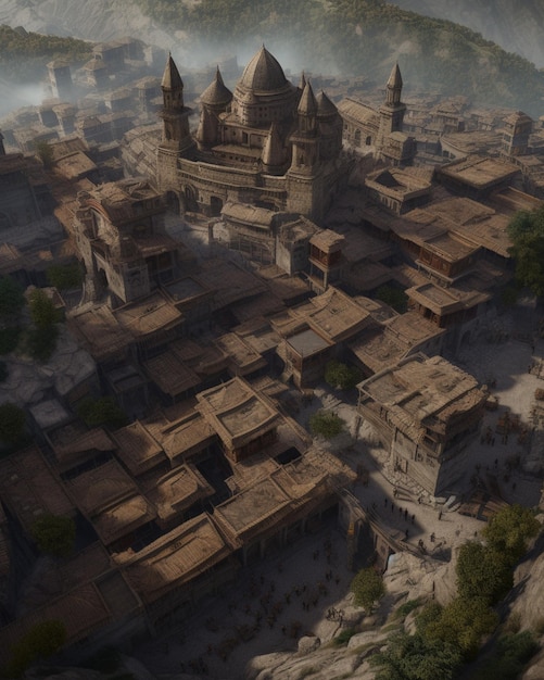 Ein digitales Gemälde einer mittelalterlichen Stadt mit einer Burg in der Mitte.