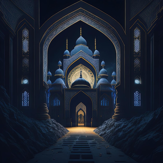 Ein digitales Gemälde einer Moschee mit blauem Dach und blauer Kuppel.