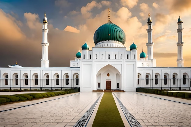 ein digitales Gemälde einer Moschee mit einem bewölkten Himmel im Hintergrund