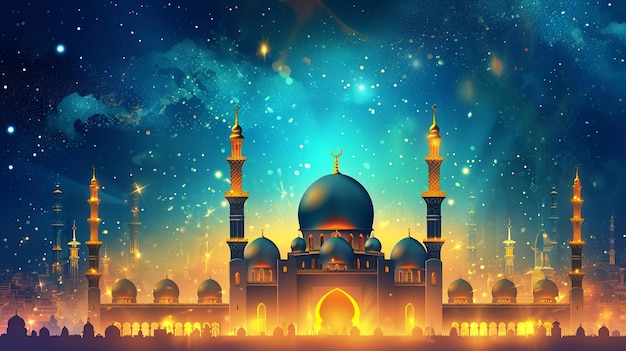 ein digitales Gemälde einer Moschee mit einem sternenreichen Nachthimmel und Sternen