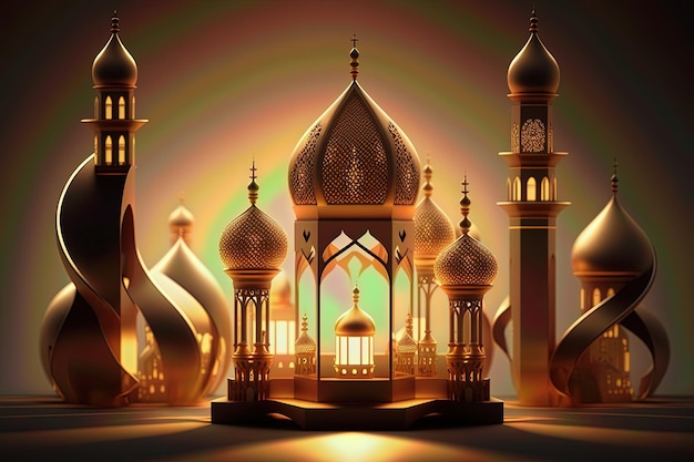 Ein digitales Gemälde einer Moschee mit goldenem Hintergrund.