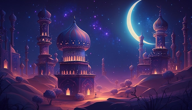 Ein digitales Gemälde einer Moschee und eines Mondes