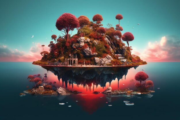 Ein digitales Gemälde einer schwimmenden Insel mit Bäumen und einem Himmel mit Wolken.