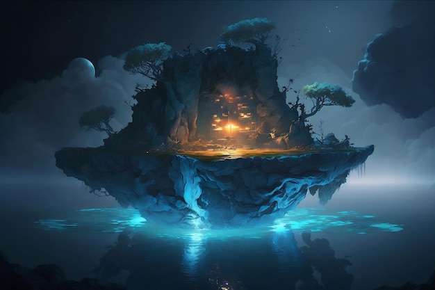 Ein digitales Gemälde einer schwimmenden Insel mit einem Baum darauf