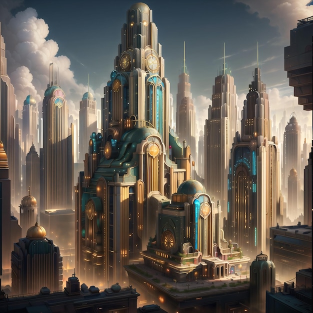 Ein digitales Gemälde einer Stadt mit einem großen Gebäude in der Mitte und einer Stadt im Hintergrund.