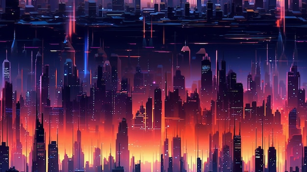 Ein digitales Gemälde einer Stadt mit Neonlicht und den Worten Cyberpunk auf der Unterseite.