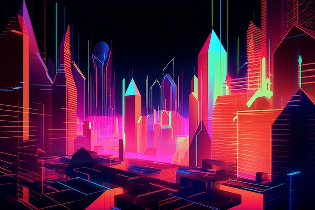Ein digitales Gemälde einer Stadt mit Neonlichtern und einer Stadt im Hintergrund.