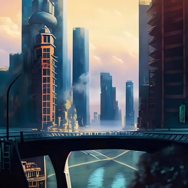Ein digitales Gemälde einer Stadtlandschaft mit Wolkenkratzern und Brücken 5