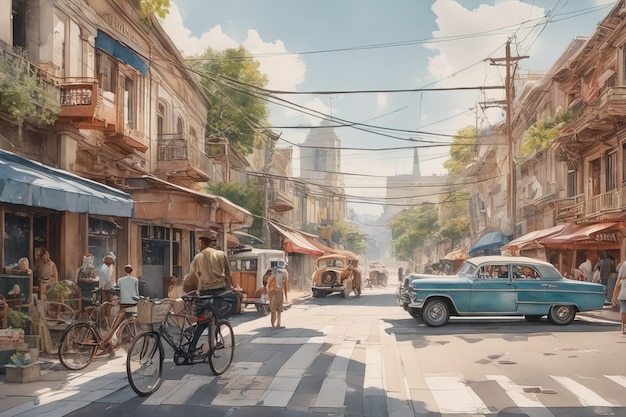 ein digitales Gemälde einer Straßenszene mit einem Auto und einem Taxi.
