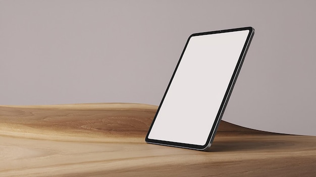 Ein digitales Gemälde einer Tablette auf einem Holztisch Die Tablette ist leer und hat einen schwarzen Rahmen