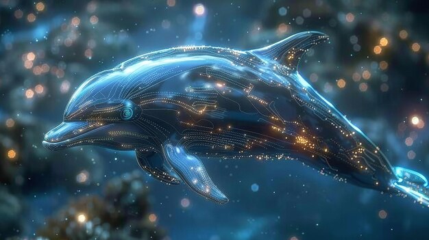 Ein digitales Gemälde eines Delphins aus leuchtenden blauen Punkten