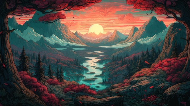 Ein digitales Gemälde eines Flusses in den Bergen