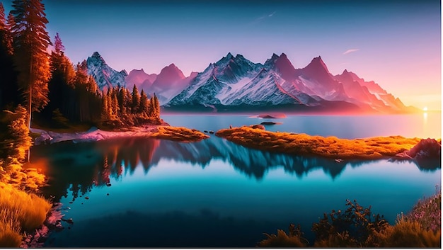 Ein digitales Gemälde eines Flusses oder eines Sees und von Bergen mit einem Sonnenuntergang oder Sonnenaufgang im Hintergrund