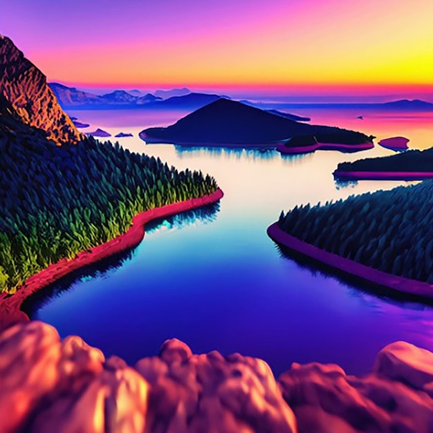 Ein digitales Gemälde eines Flusses oder Sees und Bergen mit einem Sonnenuntergang oder Sonnenaufgang im Hintergrund