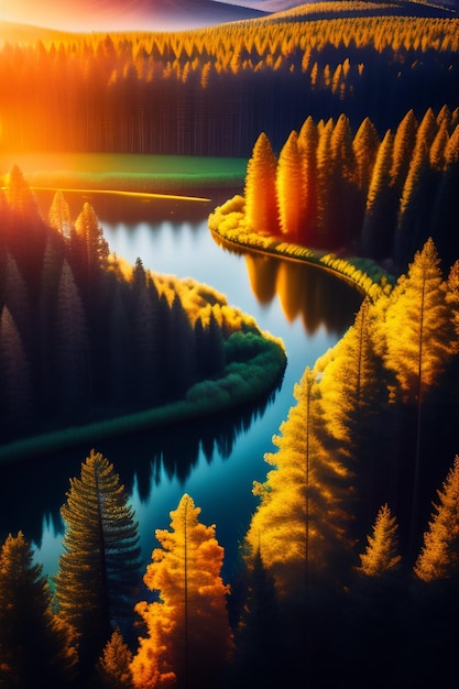 Ein digitales Gemälde eines Flusses und von Bäumen, auf die die Sonne scheint.